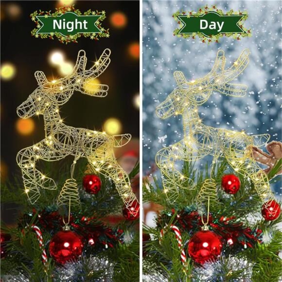 Lighted Reindeer Tree Topper - Battery Operated with 10 Warm Lights & Timer - Picture 3 of 8